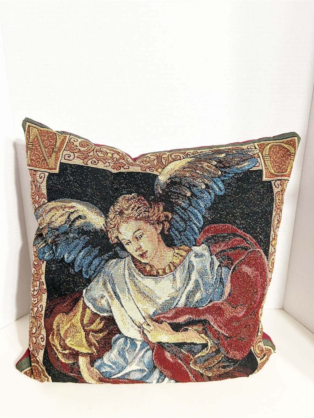 Vintage Renaissance Guardian Angel Tapestry Throw Pillow Red Blue Gold Religious